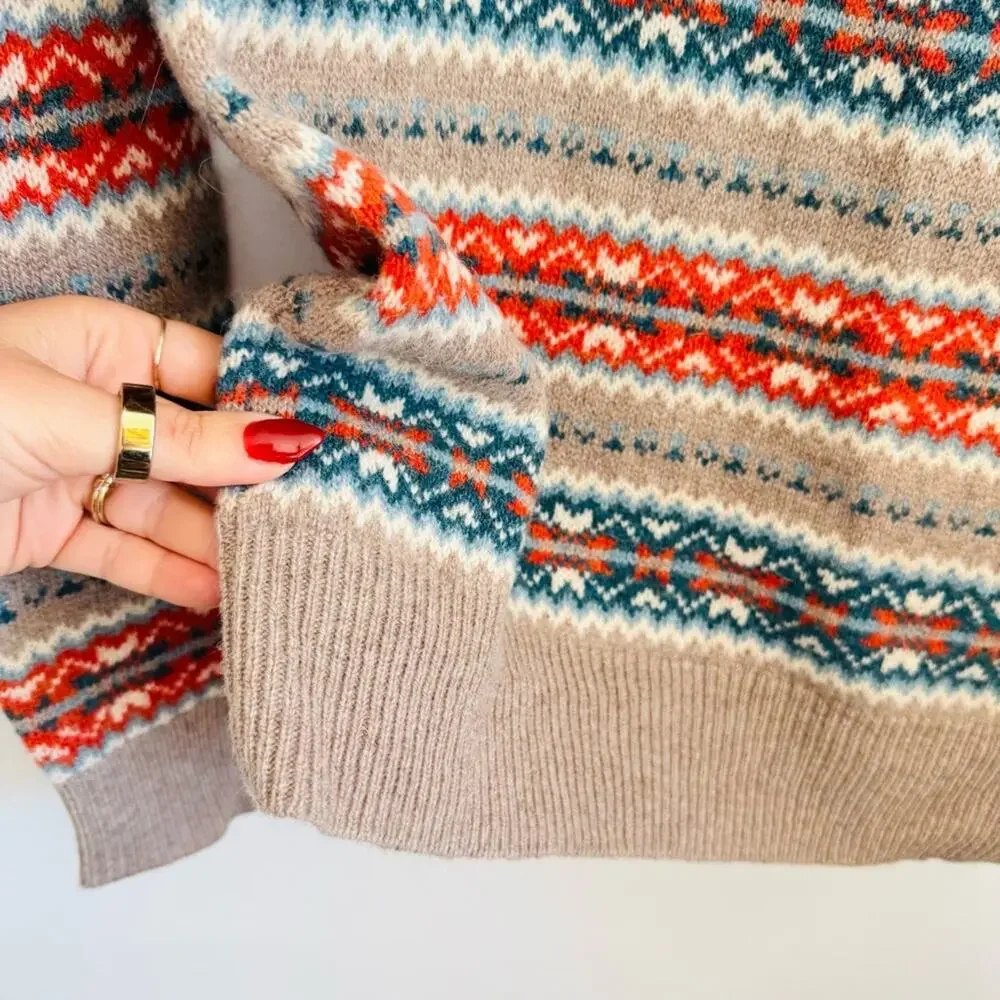 MENS J CREW Beige Tan Blue Fair Isle Wool Stripe Crew $228 Pullover Sweater S